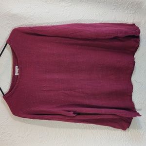 Las Manos Burgundy Rayon Crinkle Look Long Sleeve Pullover Top